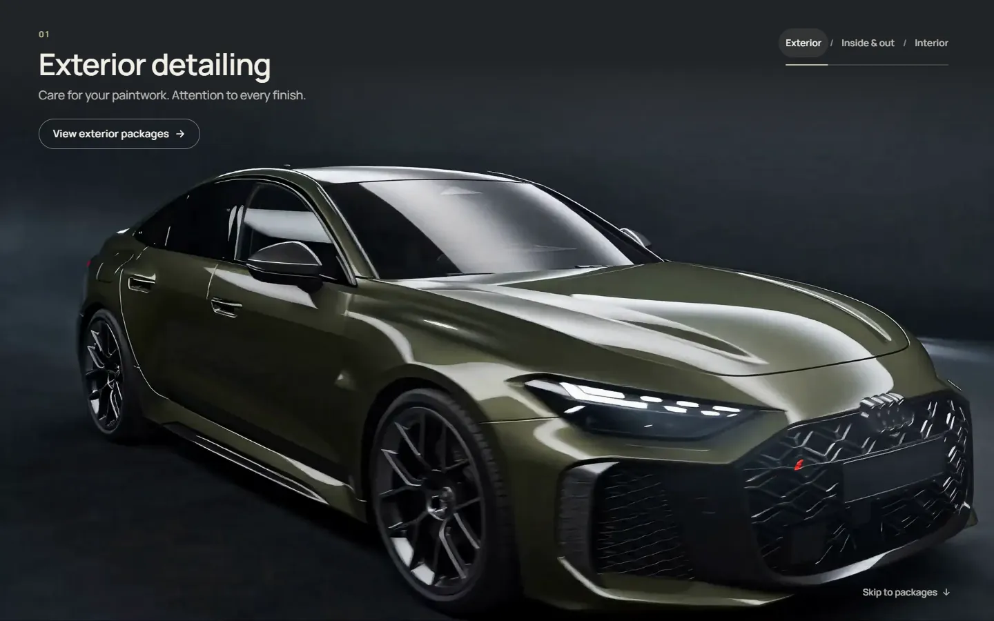 Squeakys homepage on desktop: an olive-green performance saloon in a dark studio, with the heading Exterior detailing, a View exterior packages button and chapter links for Exterior, Inside and out, and Interior