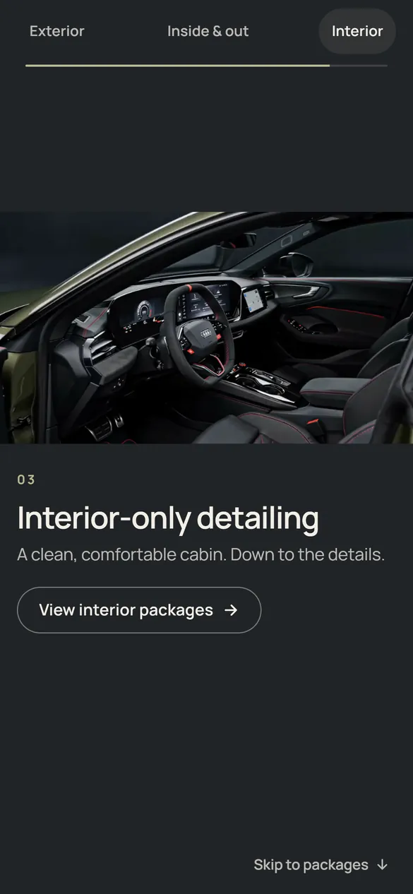 Squeakys homepage on a phone: the car's cabin shown as a full-width landscape strip, with the heading Interior-only detailing and a View interior packages button below it